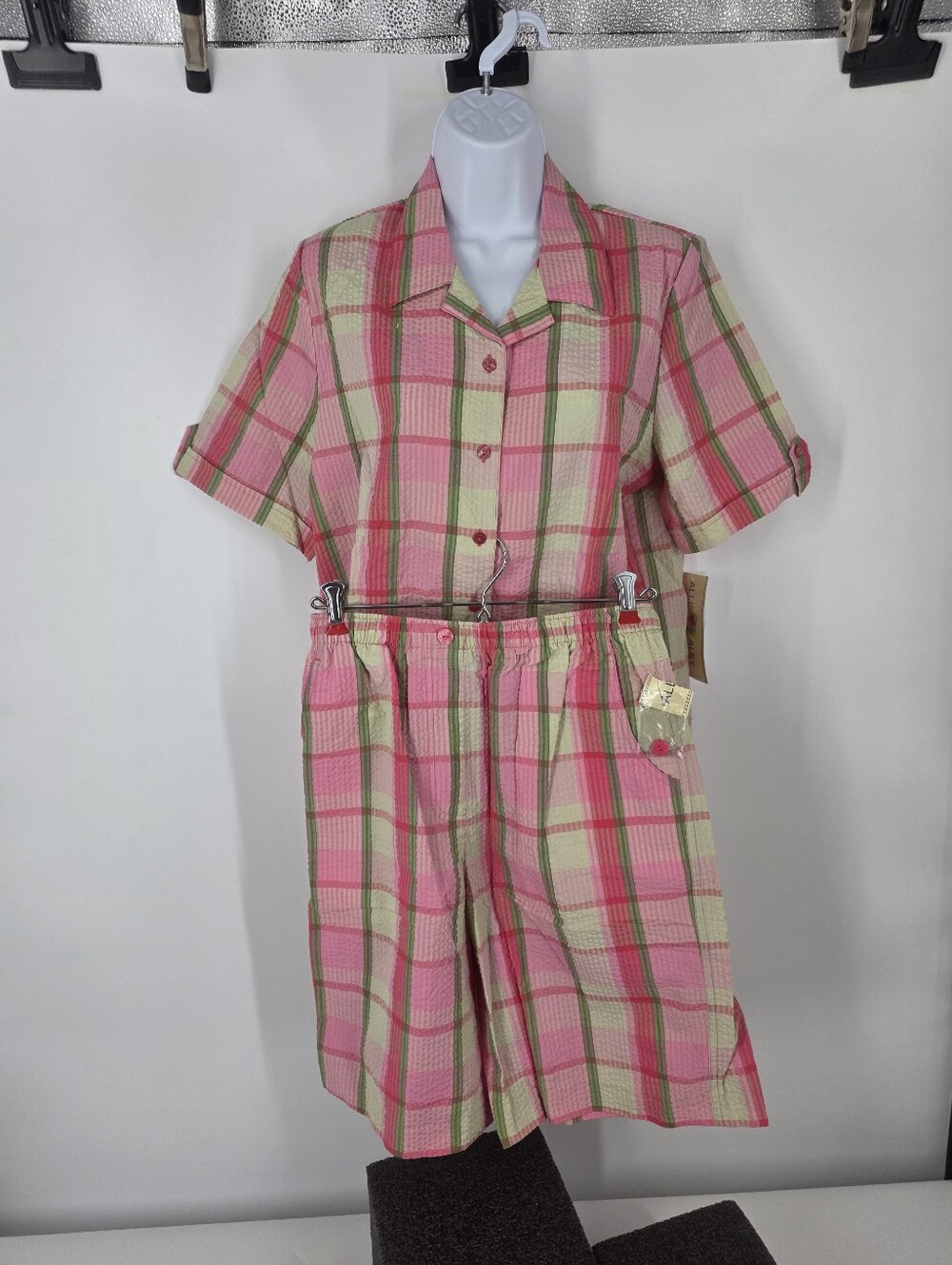 Vintage Allison Daley Pink Green Plaid Shorts Set Size 8